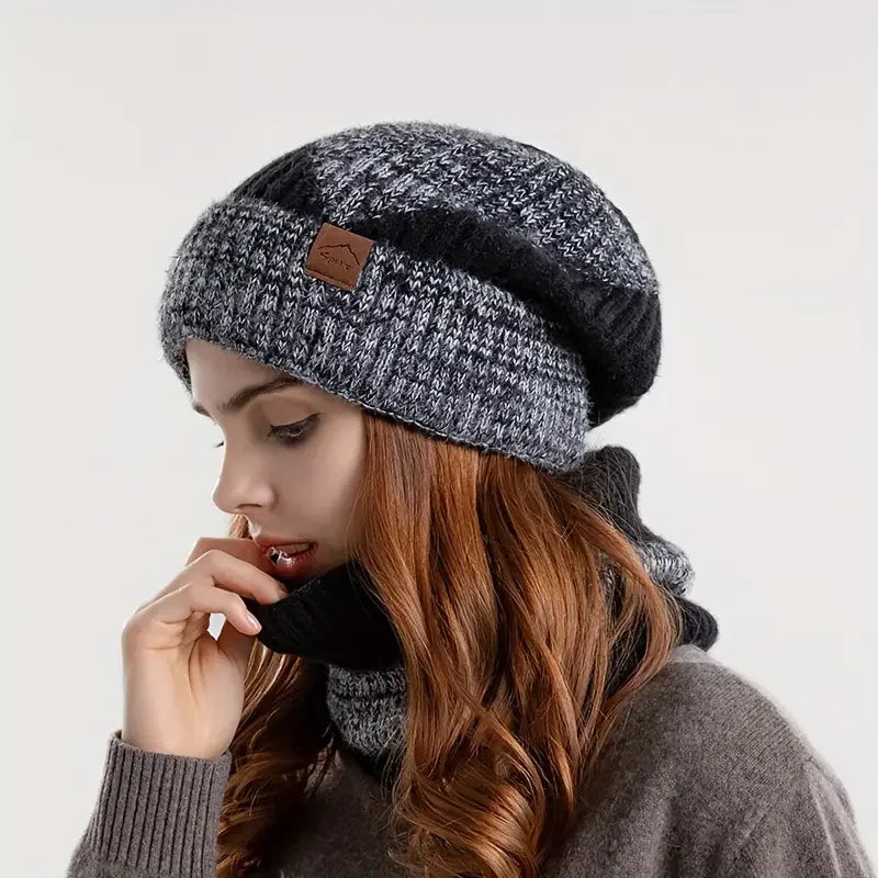 Winter Women's Two-Tone Hat with Velvet Bib Set