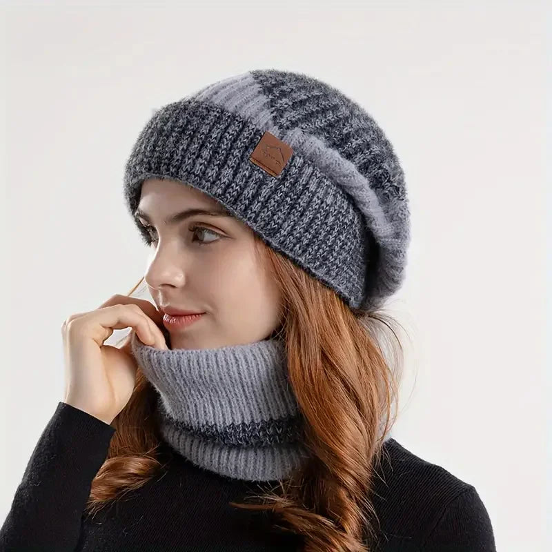 Winter Women's Two-Tone Hat with Velvet Bib Set