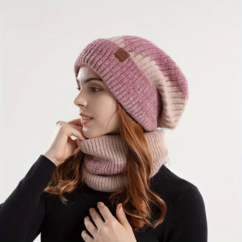 Winter Women's Two-Tone Hat with Velvet Bib Set